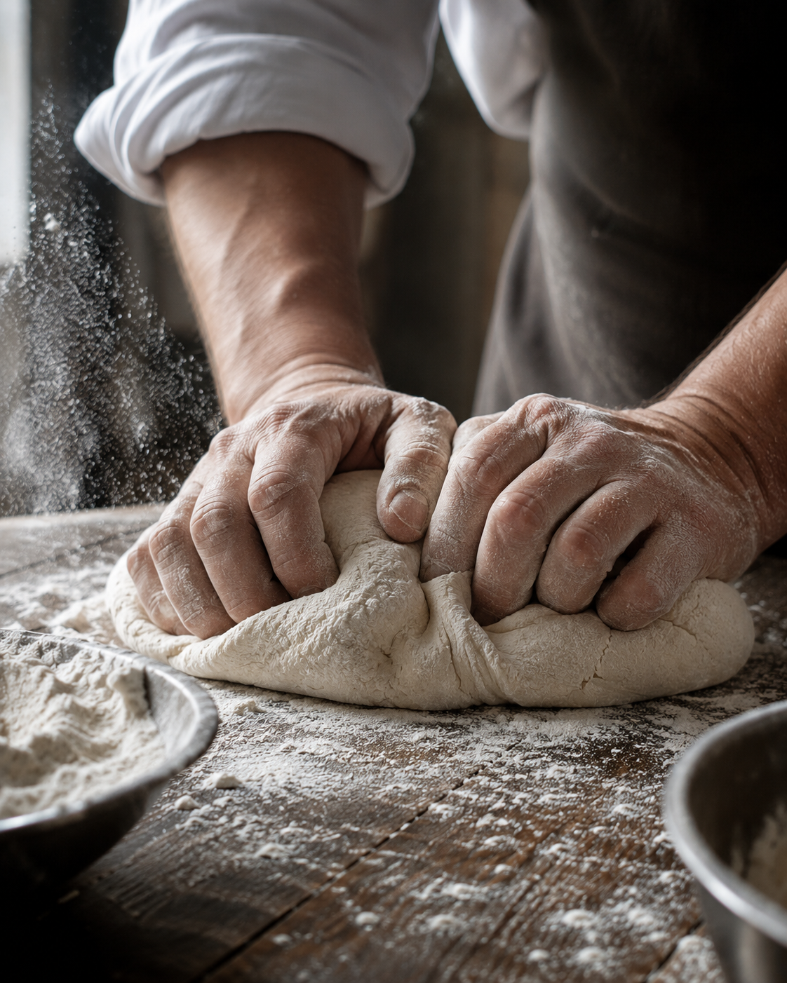 Mains travaillant la pate en patisserie